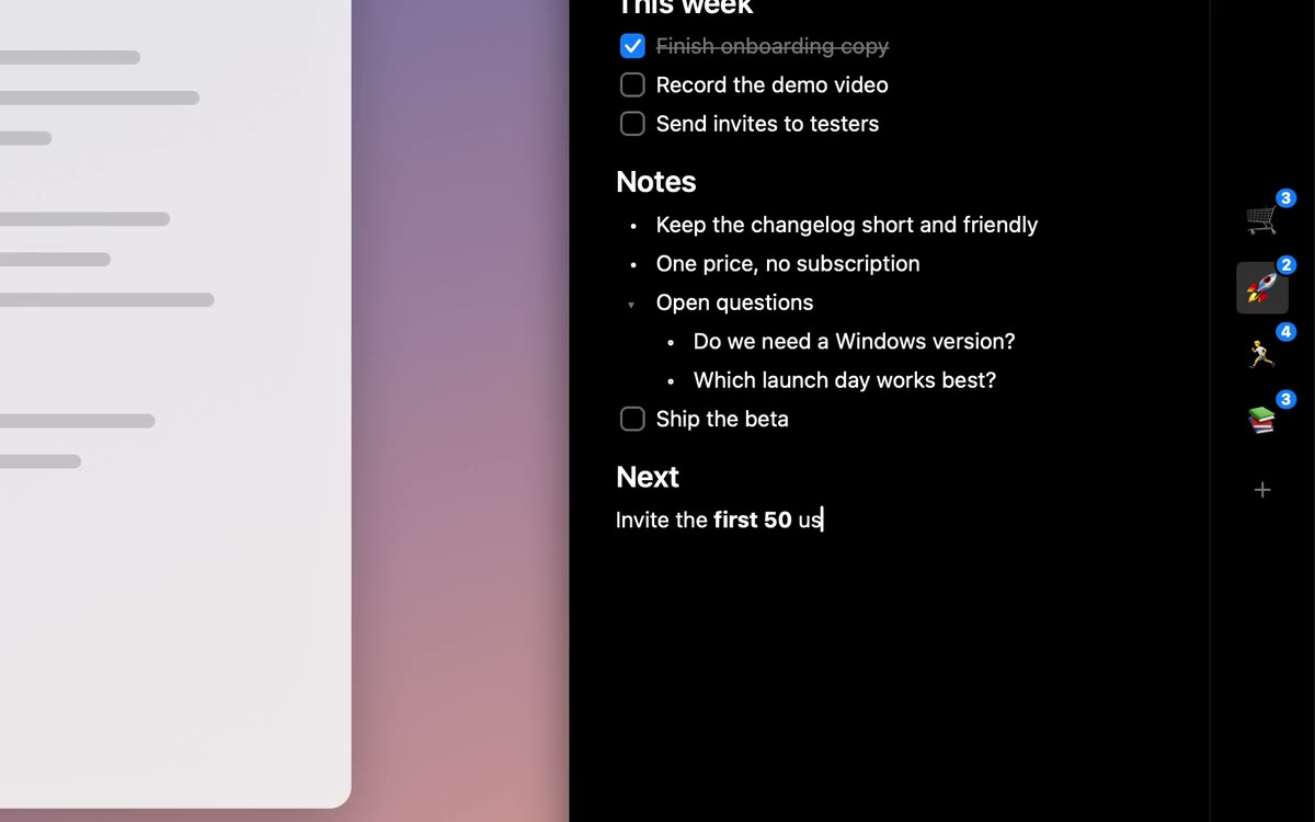 The Launch plan page open in the notch panel with headings, to-dos and a callout.
