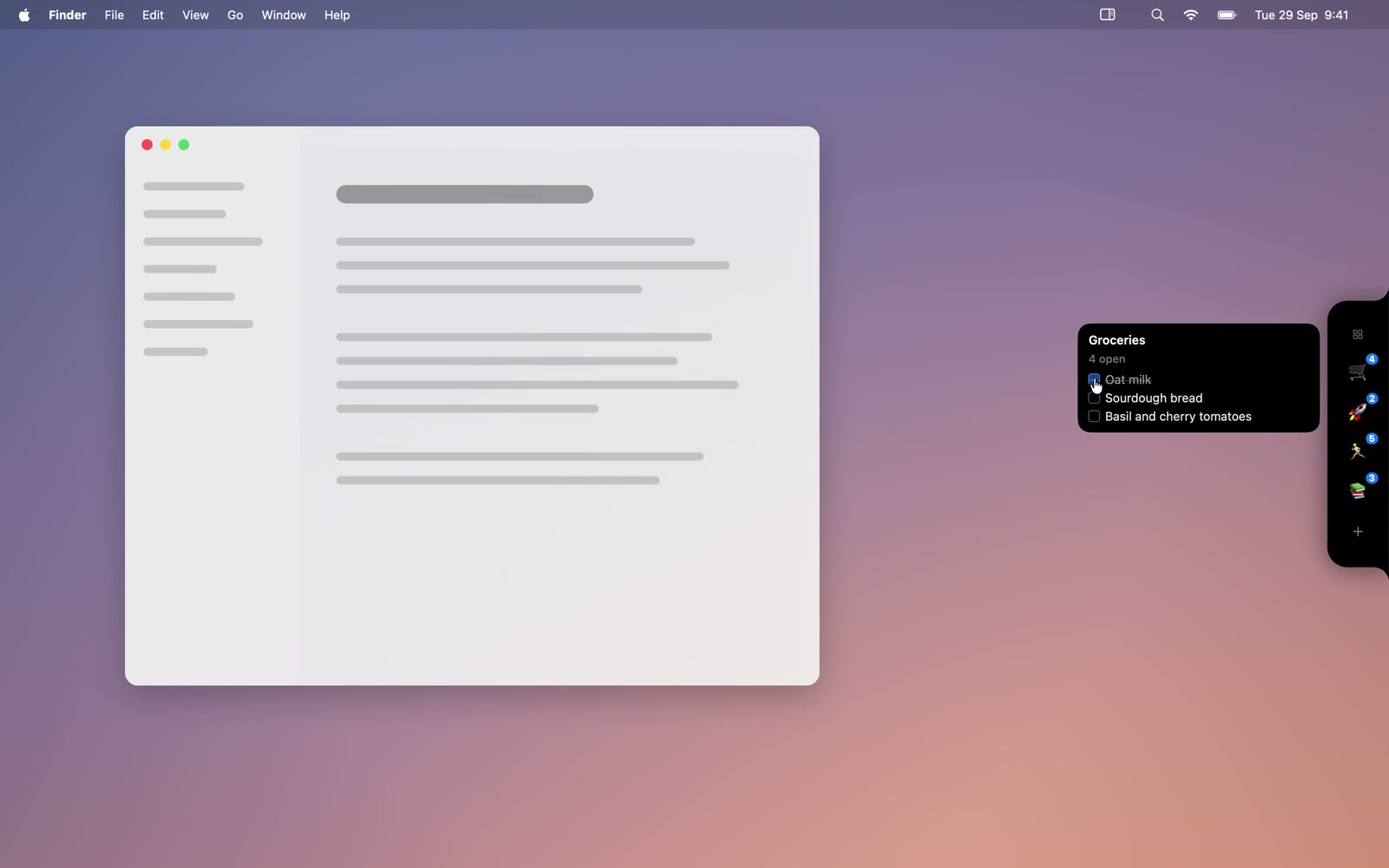 The Brink notch on the right screen edge, unfolded into a strip of pinned pages with a hover peek of a grocery list.