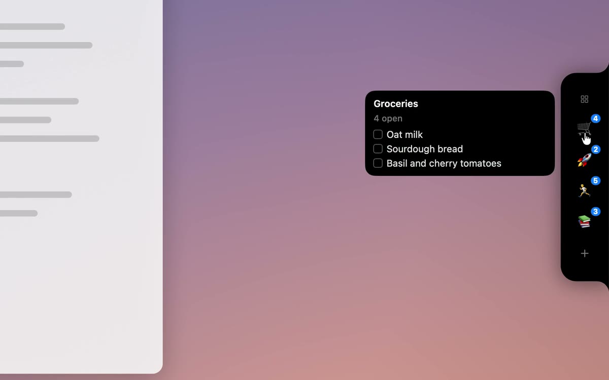 A hover peek card listing grocery items next to the notch strip.